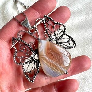925 Feminine Butterfly Botswana Agate Necklace Pendant